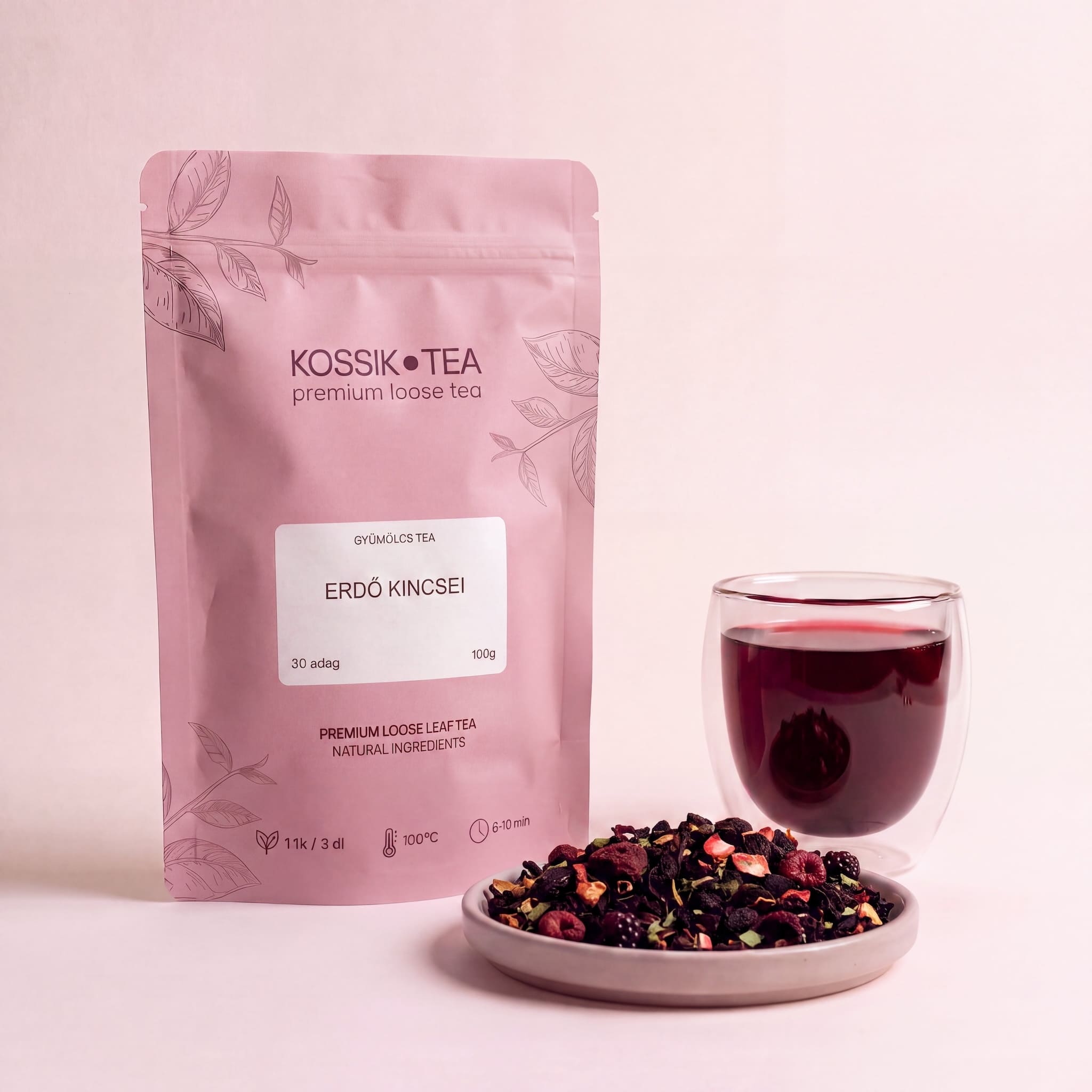 Erdő Kincsei gyümölcstea csomagolása – Kossik Tea & Coffee
