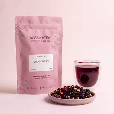 Erdő Kincsei gyümölcstea csomagolása – Kossik Tea & Coffee