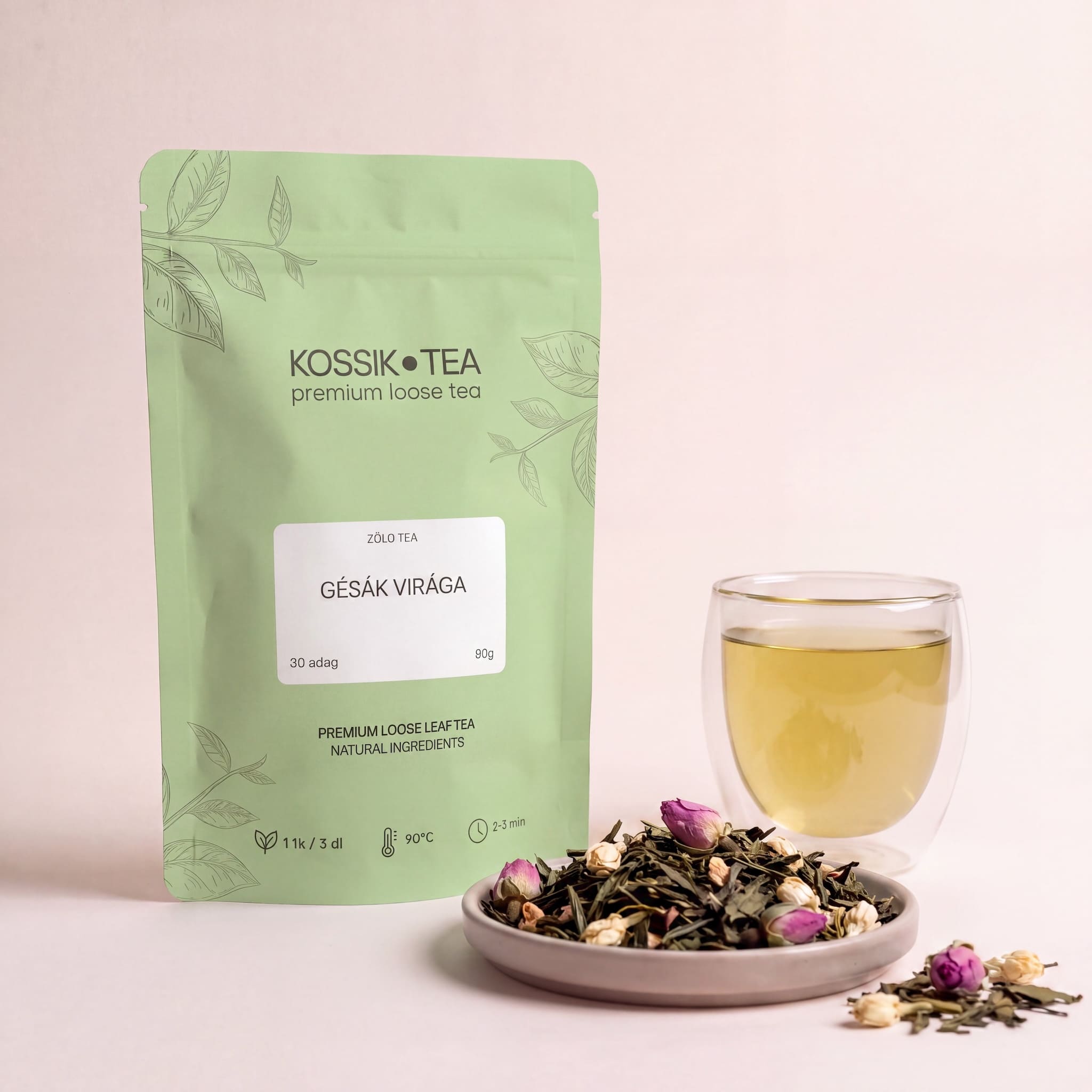 Gésák Virága zöld-fehér tea csomagolása – Kossik Tea & Coffee