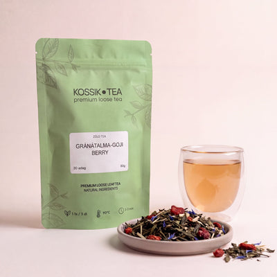 Gránátalma-Goji Berry zöld tea csomagolása – Kossik Tea & Coffee