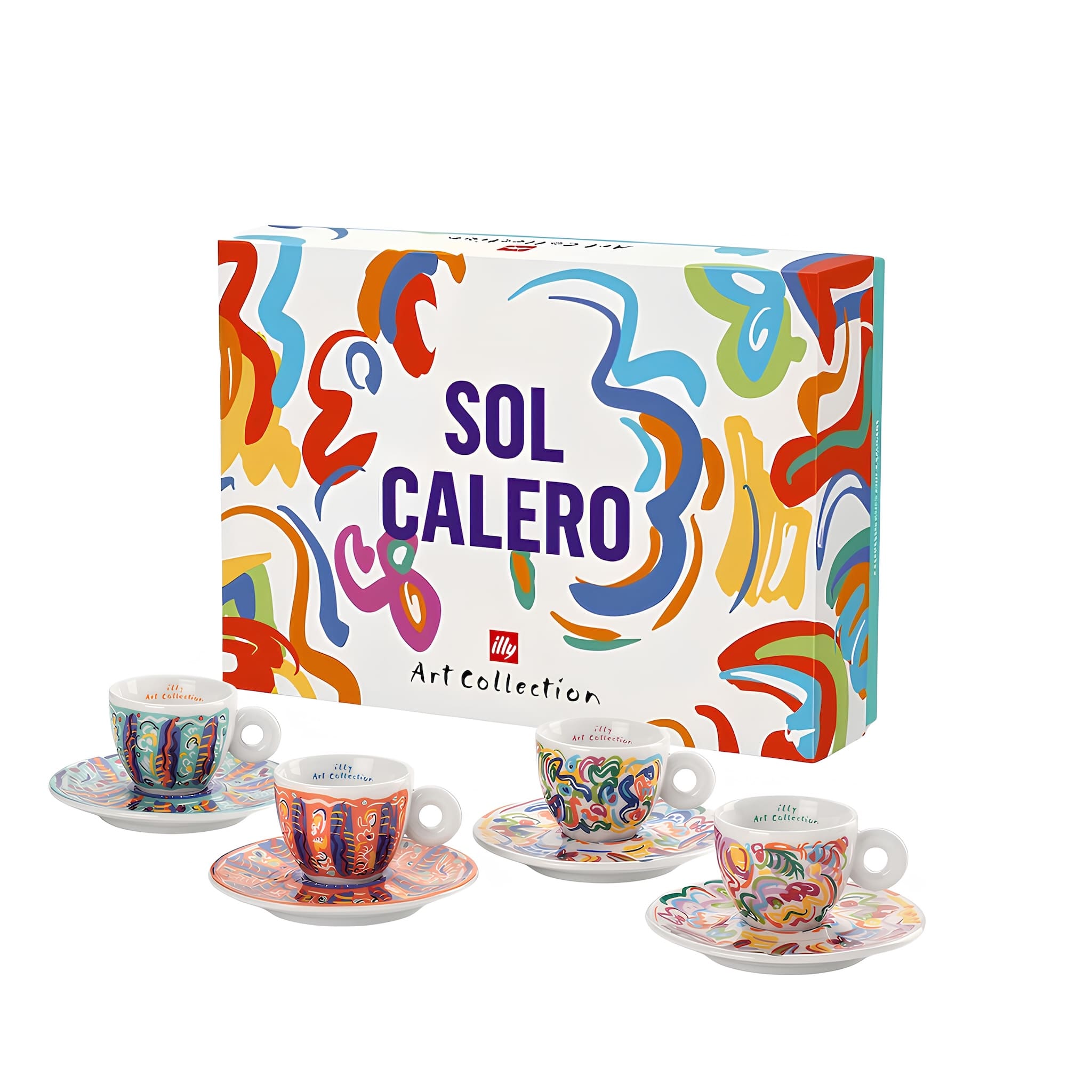 illy art sol calero espresso csésze szett négy darabos művészi kivitelben alátéttel, díszdobozzal