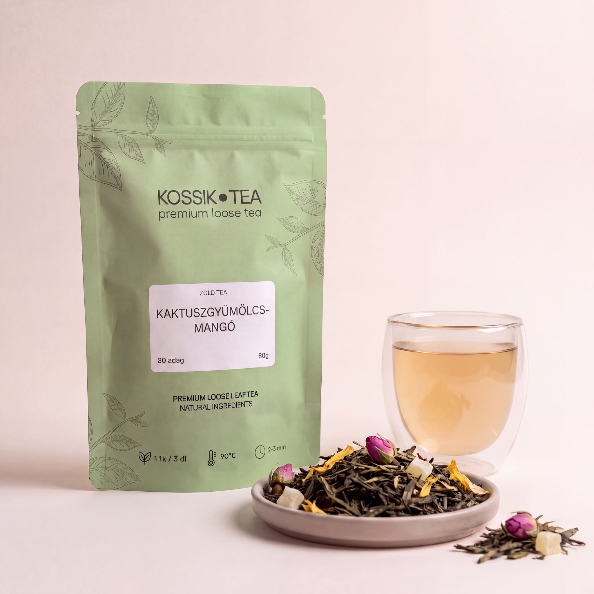 Kaktuszgyümölcs-Mangó zöld tea csomagolása – Kossik Tea & Coffee