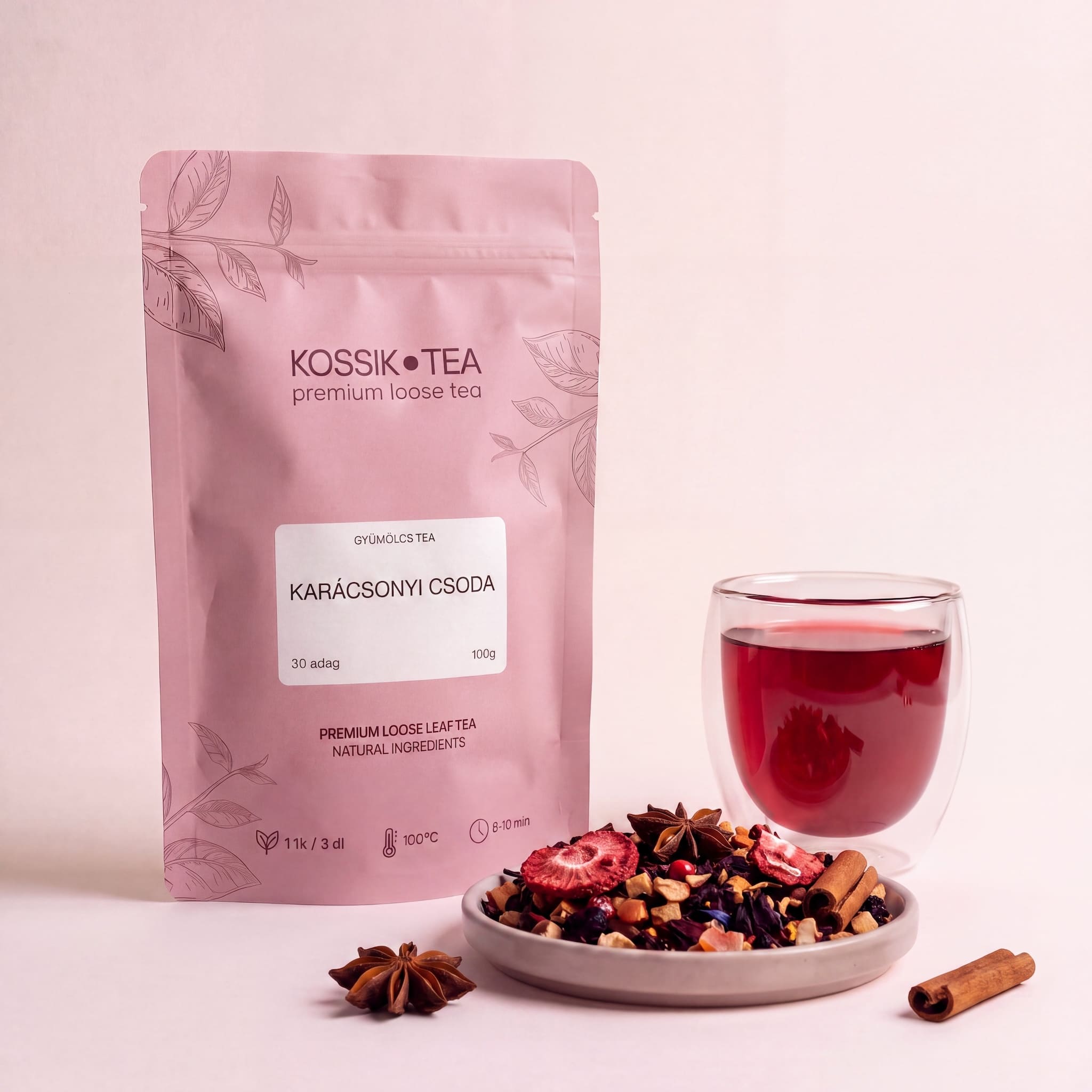 Karácsonyi Csoda gyümölcstea csomagolása – Kossik Tea & Coffee