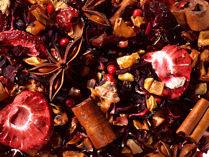 karácsonyi koffeinmentes gyümölcs szálas tea, fűszeres és ünnepi aromák, prémium minőség, 100g és 250g kiszerelésben