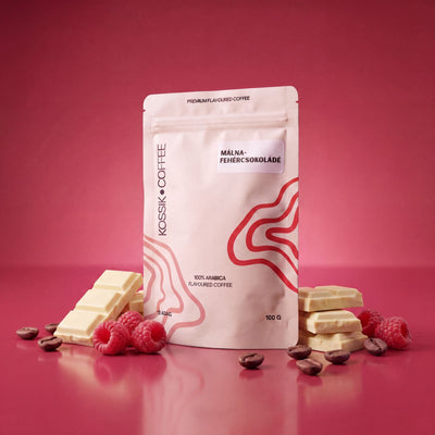 málna és fehércsokoládé aromával ízesített 100% arabica kávé, kiváló minőség