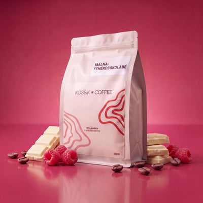 málna és fehércsokoládé aromával ízesített 100% arabica kávé, kiváló minőség