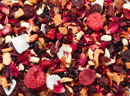 málna-meggy kompót koffeinmentes gyümölcs szálas tea, gyümölcsös és édes ízvilág, prémium minőség, 100g és 250g kiszerelésben