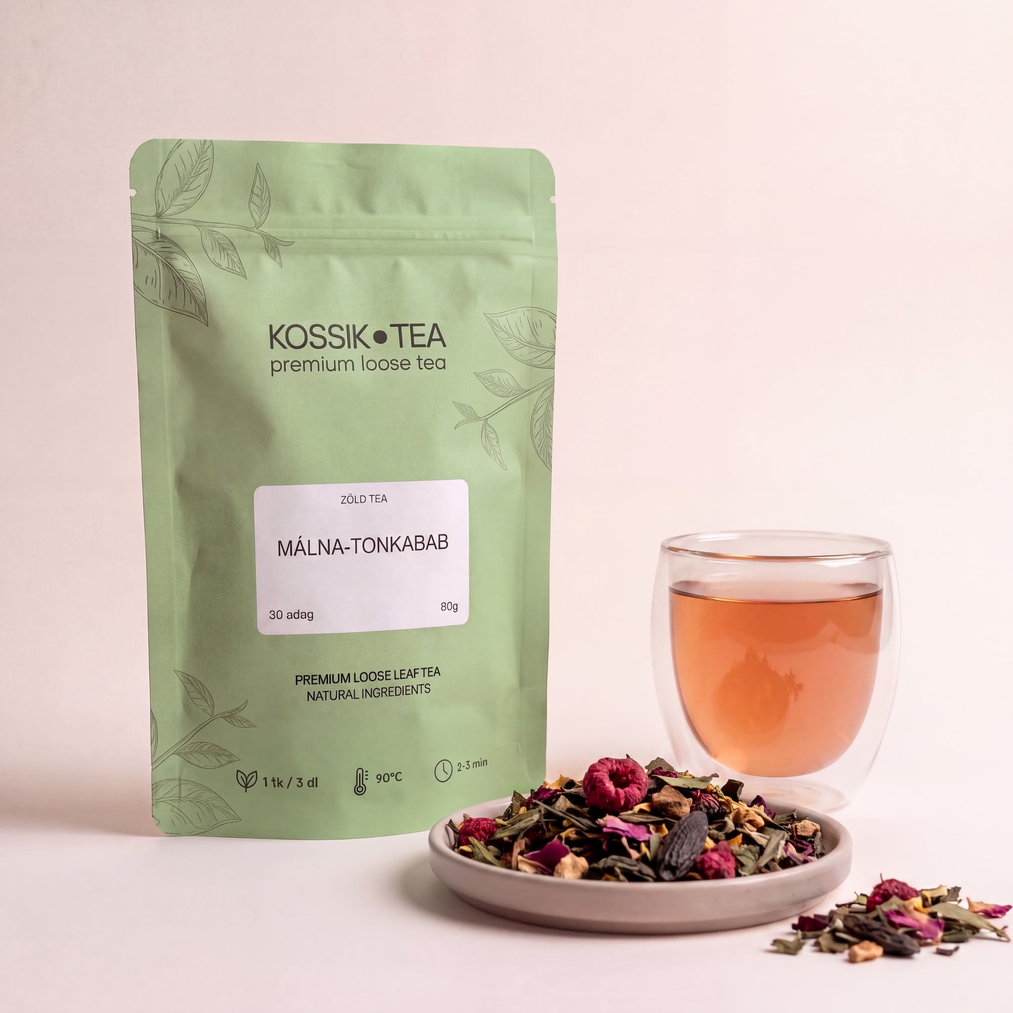 Málna-Tonkabab fehér tea csomagolása – Kossik Tea & Coffee