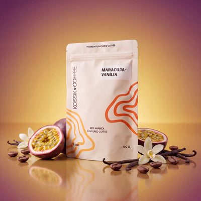 maracuja és vanília ízesítésű 100% arabica kávé, prémium minőségű termék