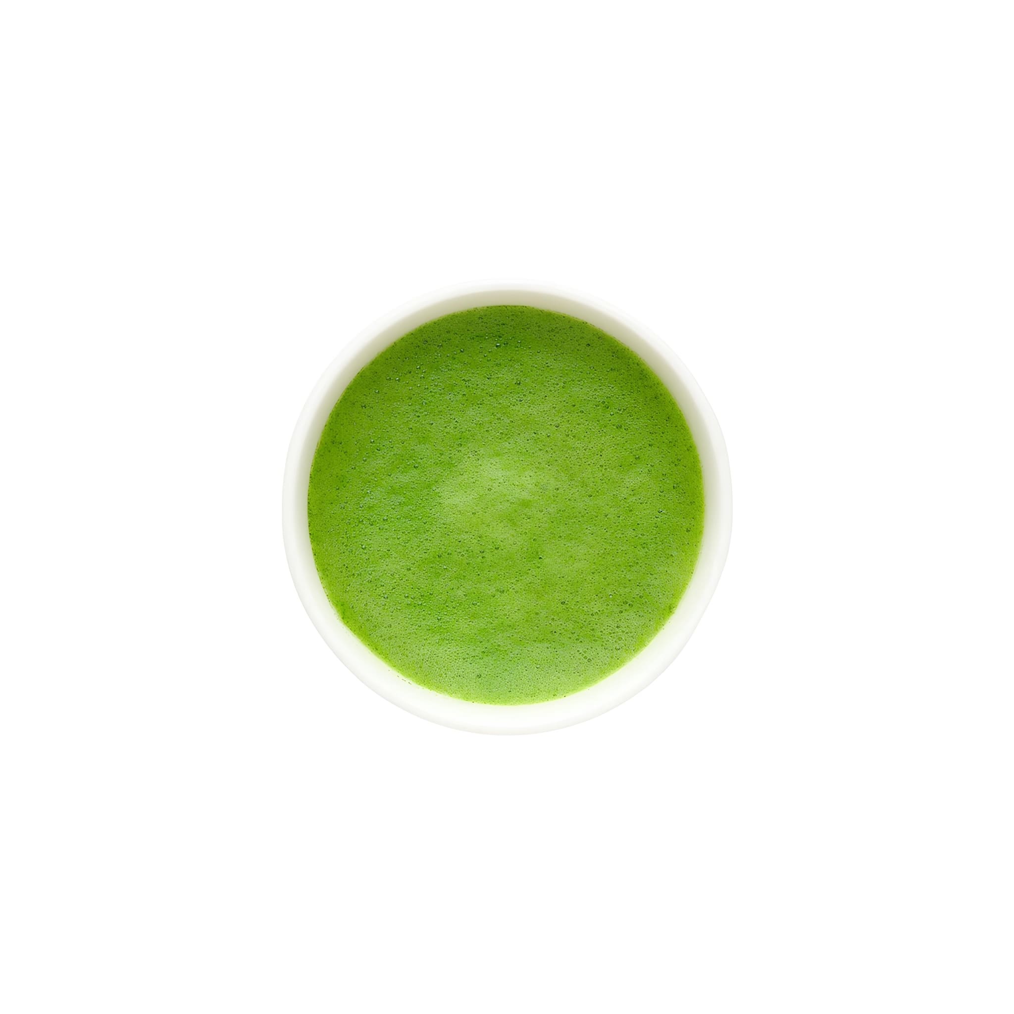 Asamizu Murasaki Matcha elkészítve, krémes habbal, lila dobozban tárolt prémium japán zöld tea