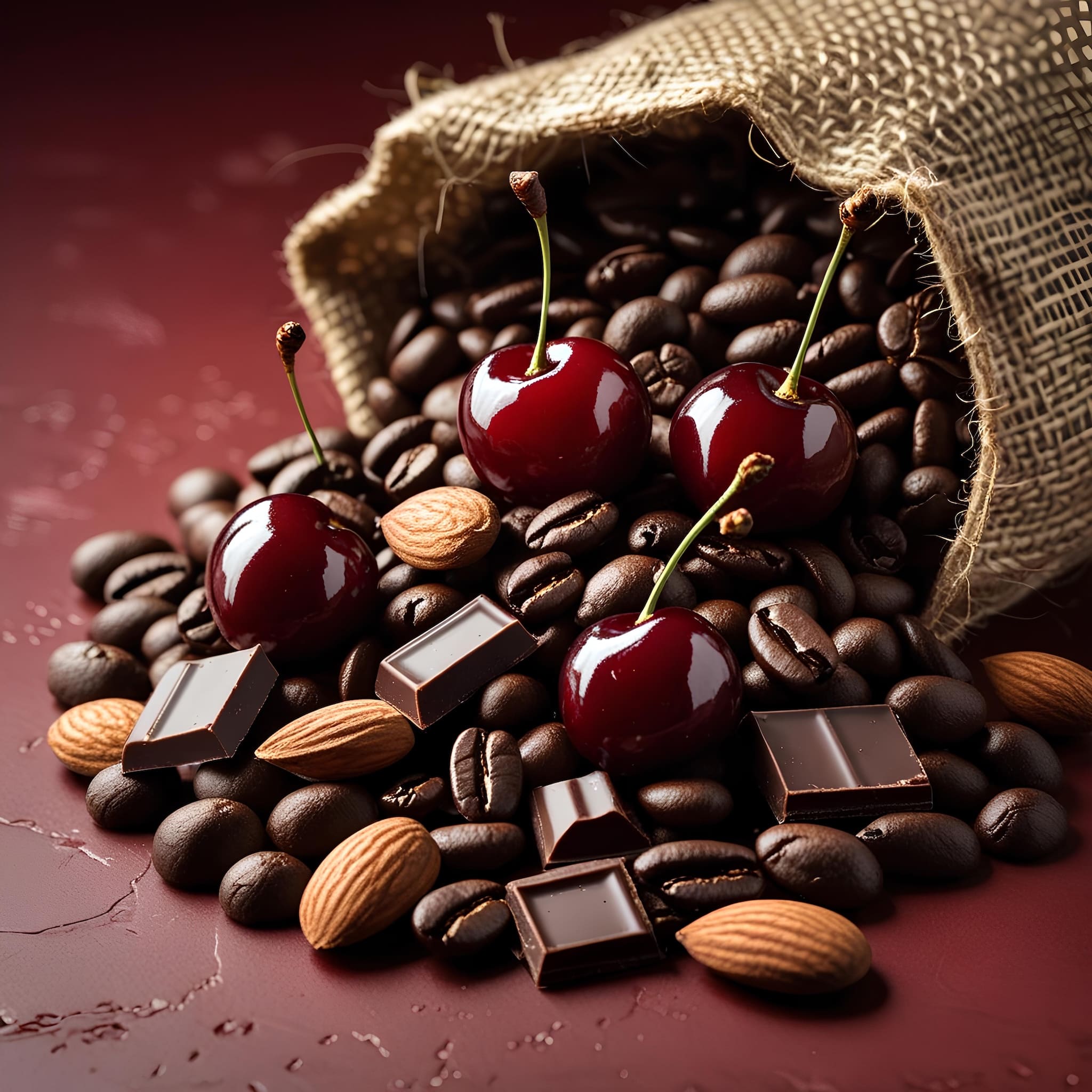 prémium minőségű meggy-mandula-csokoládé ízesítésű arabica kávé, 100g, 250g és 500g