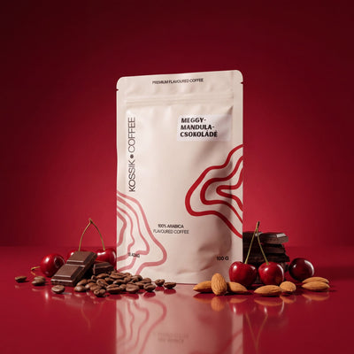 prémium minőségű meggy-mandula-csokoládé ízesítésű arabica kávé