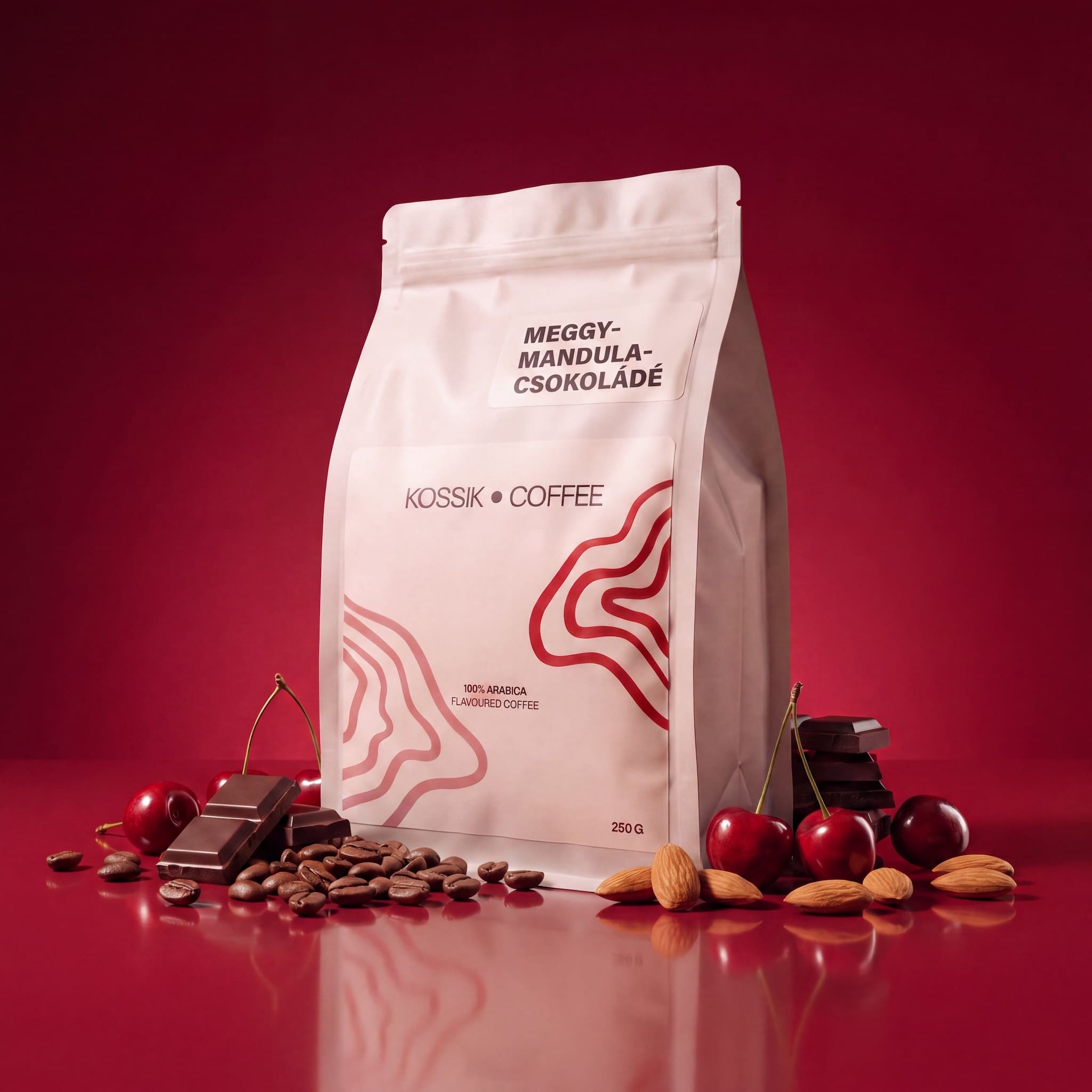 prémium minőségű meggy-mandula-csokoládé ízesítésű arabica kávé