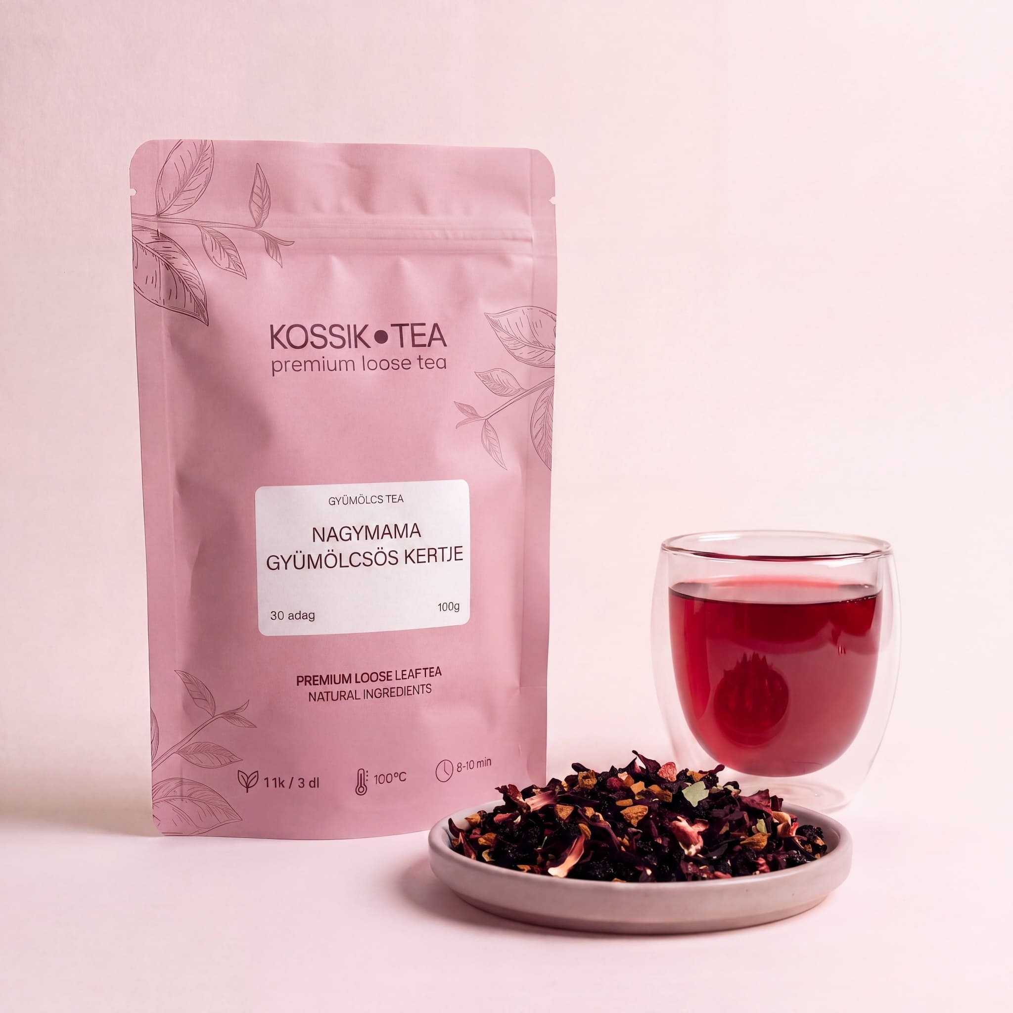 Nagymama Gyümölcsös Kertje gyümölcstea csomagolása – Kossik Tea & Coffee