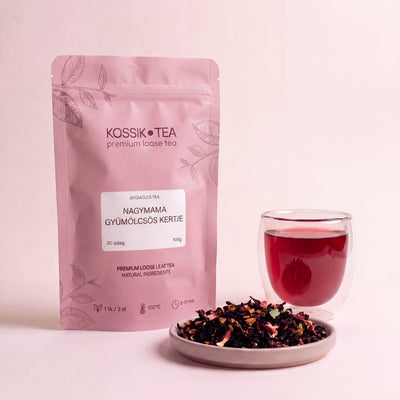 Nagymama Gyümölcsös Kertje gyümölcstea csomagolása – Kossik Tea & Coffee
