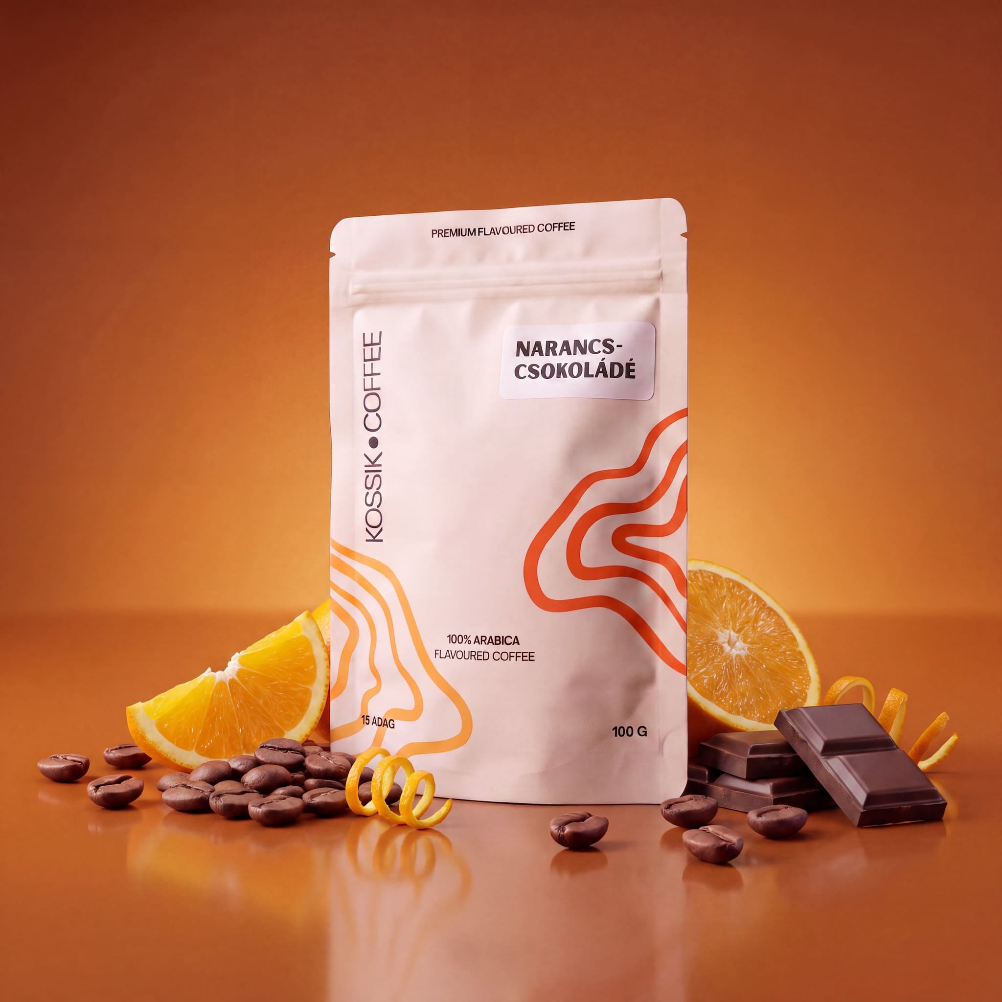narancs és csokoládé ízekkel gazdagított 100% arabica kávé, prémium minőség