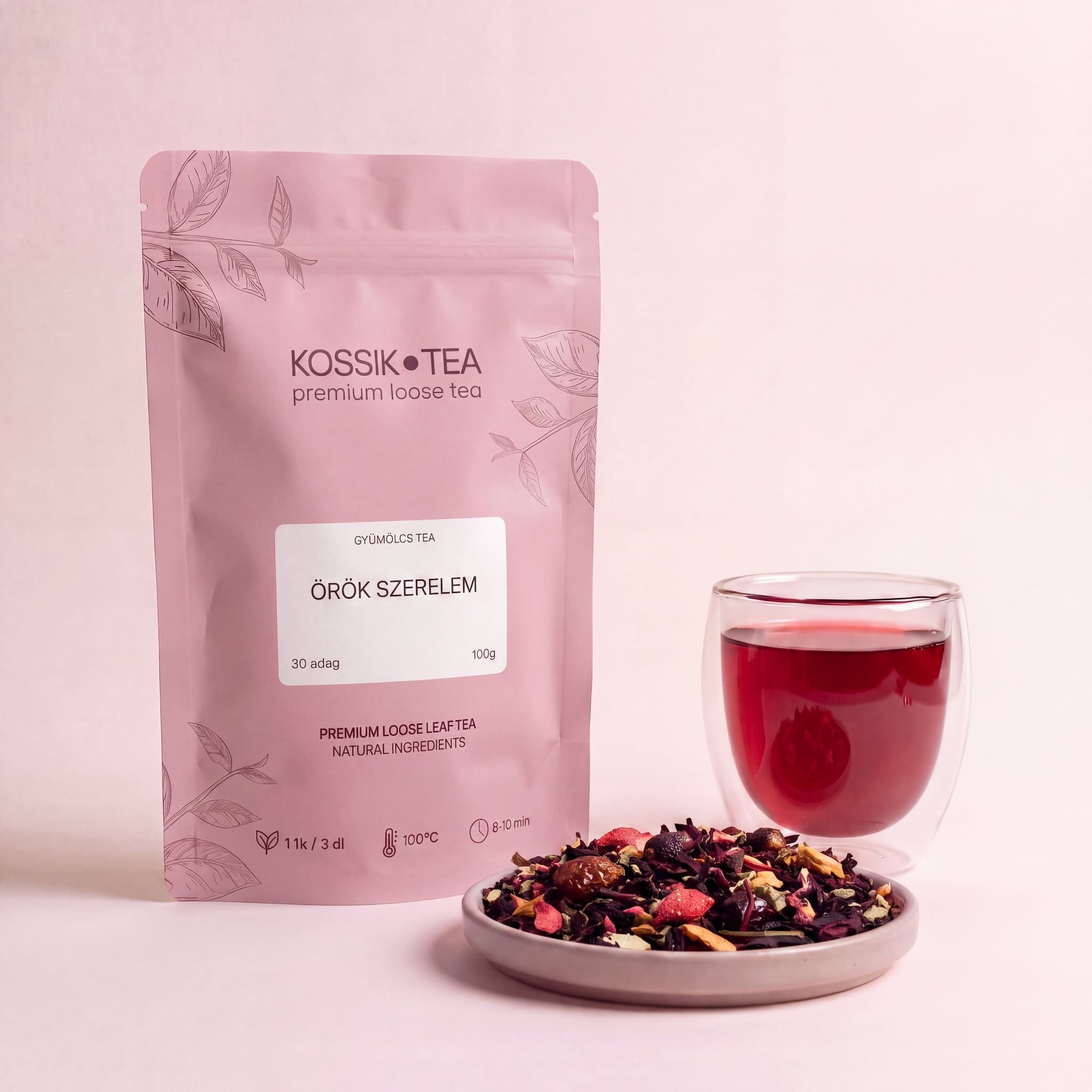 Örök Szerelem gyümölcstea csomagolása – Kossik Tea & Coffee