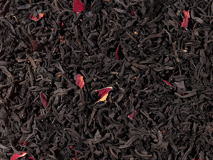 rózsa ízesítésű fekete szálas tea, koffeintartalmú prémium minőség, elérhető 100g és 250g kiszerelésben
