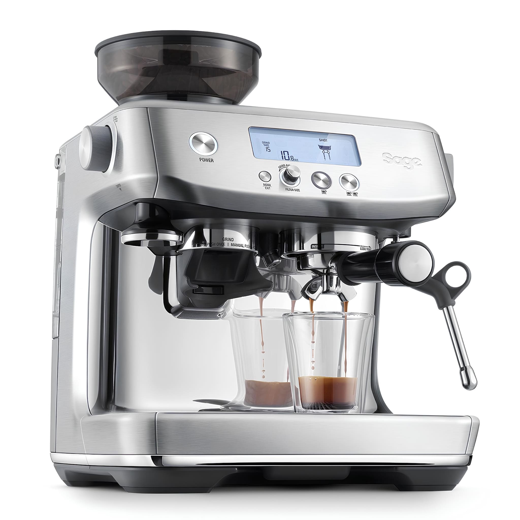 sage barista pro kávégép kávékészítés közben oldalnézetből