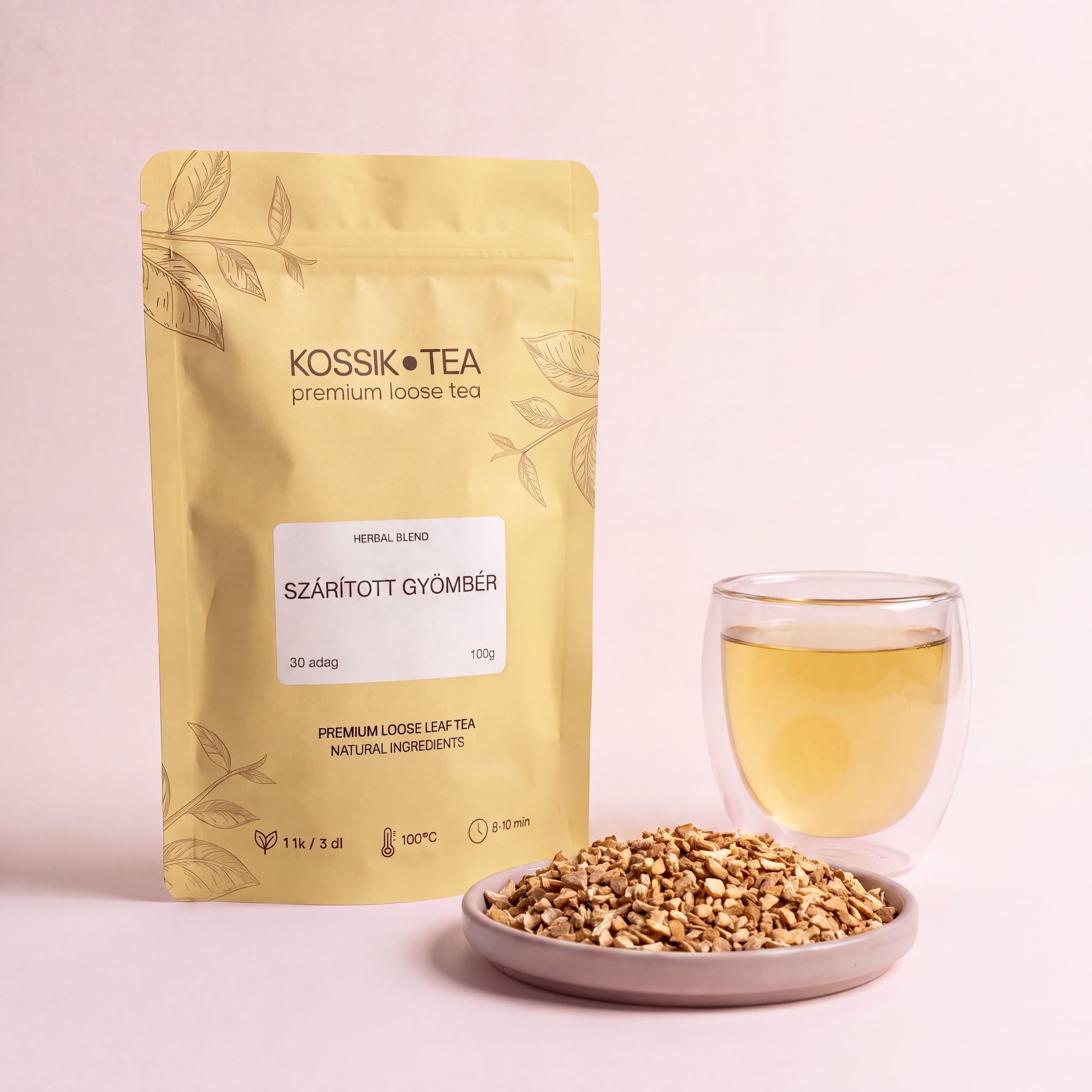 Szárított Gyömbér tea csomagolása – Kossik Tea & Coffee