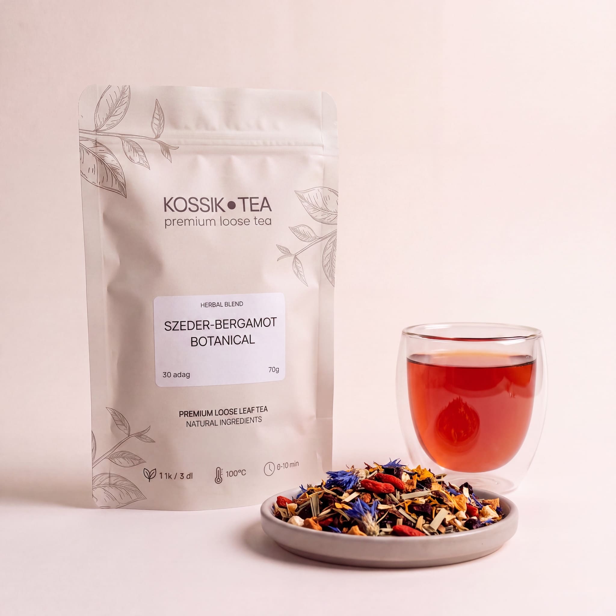 Szeder-Bergamot Botanical tea csomagolása – Kossik Tea & Coffee